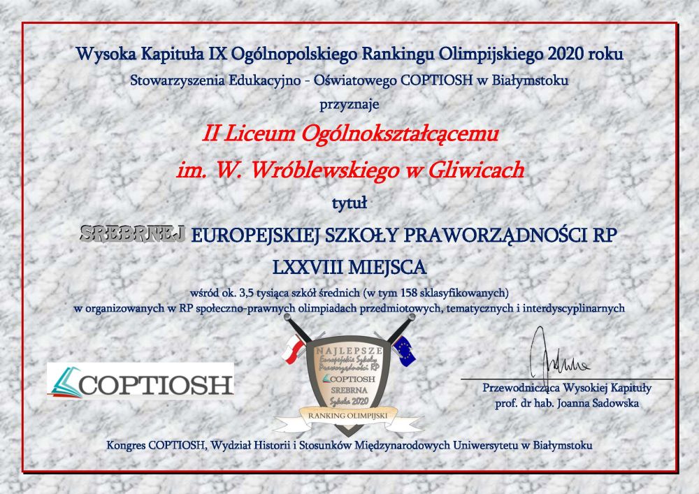 Dyplom Srebrnej Europejskiej Szkoły Praworządności 2020