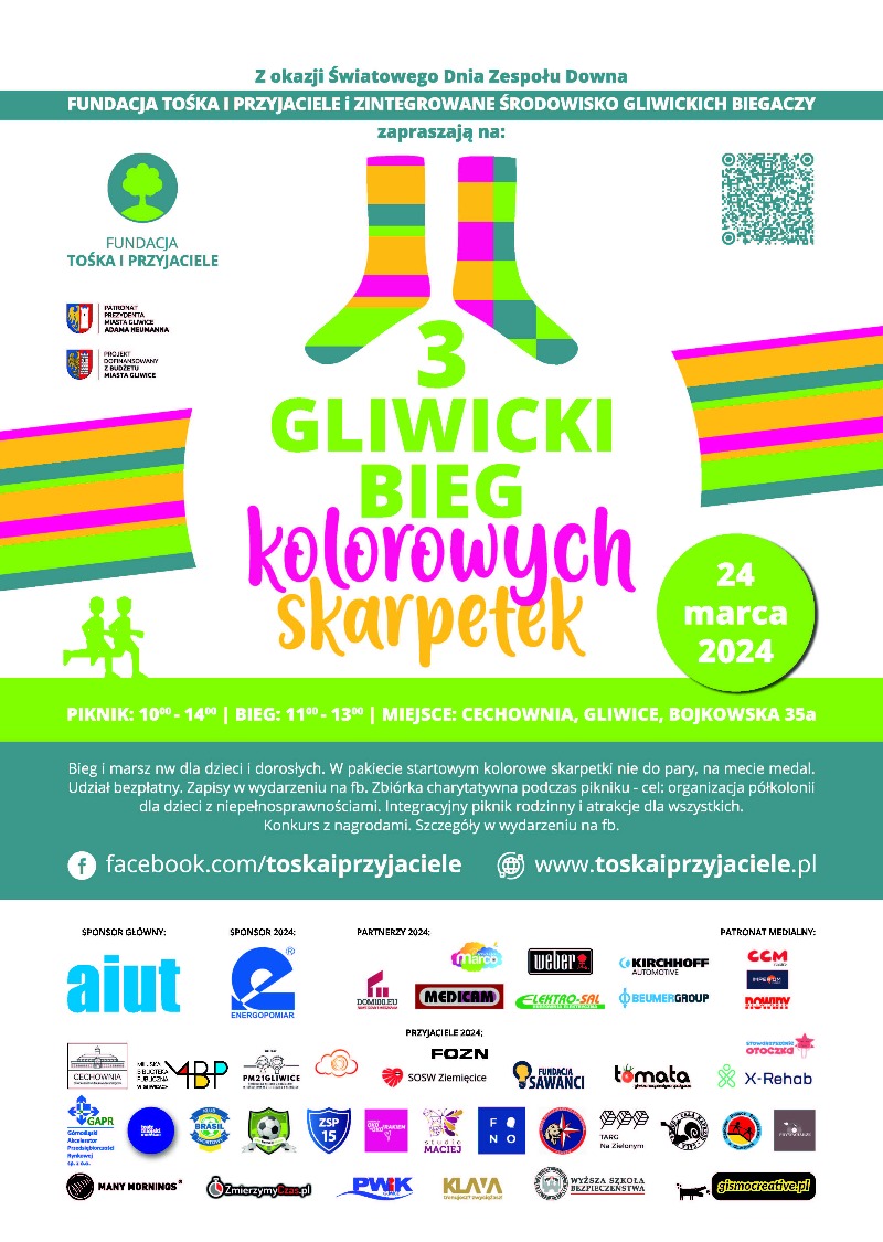 Plakat promujący gliwicki bieg kolorowych skarpetek