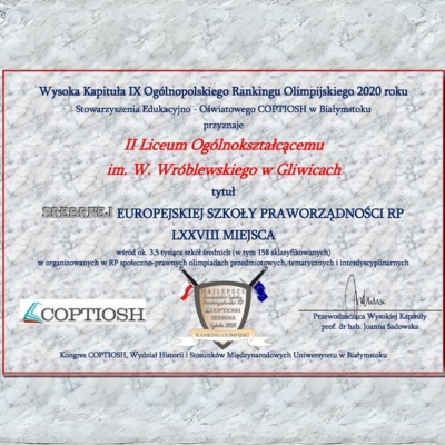 Dyplom Srebrnej Europejskiej Szkoły Praworządności 2020