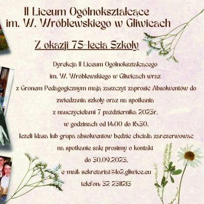 75-lecie II LO w Gliwicach - zaproszenie